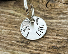 Load image into Gallery viewer, Cat name tag, hand stamped flower design & leaves