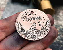 Load image into Gallery viewer, double-sided dog tag hand-stamped with fox and forest design