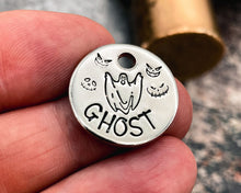 Load image into Gallery viewer, Personalized Halloween cat name tag, hand stamped cat tag with spooky ghost design, 1 phone number