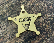 Load image into Gallery viewer, Sheriff star dog tag, hand-stamped double-sided metal dog tag with Highland cow