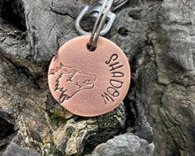 Load image into Gallery viewer, Small dog id tag, hand stamped with wolf head