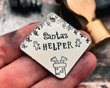 Load image into Gallery viewer, Cute Christmas dog tag, hand stamped square Santa's Helper pet id tag with 2 phone numbers
