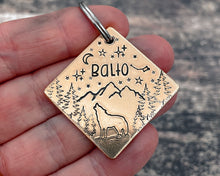 Load image into Gallery viewer, hand-stamped pet id tag with mountains and trees