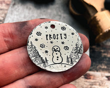 Load image into Gallery viewer, Christmas dog tag, hand stamped pet id tag with cute Snowman design, double-sided pet id tag with 2 phone numbers