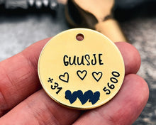 Load image into Gallery viewer, handmade dog name tag with hearts and phone number