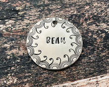 Load image into Gallery viewer, Large dog tag, hand stamped with border design