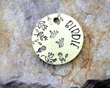 Load image into Gallery viewer, Small dog id tag, hand stamped with flower design & birds