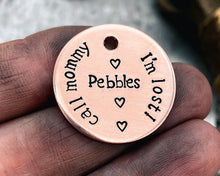 Load image into Gallery viewer, Cute dog id tag with 'I'm lost', handstamped pet id tag with up to 2 phone numbers or microchipped