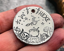 Load image into Gallery viewer, Metal dog id tag with witch on a broom and mushrooms, double-sided pet tag with up to 2 phone numbers