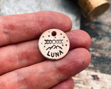 Load image into Gallery viewer, Personalized cat name  tag, hand stamped cat tag with mountains and moon phase design, 1 phone number
