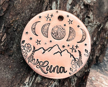 Load image into Gallery viewer, Moon dog tag, hand stamped metal dog id with moon phase and mountain design