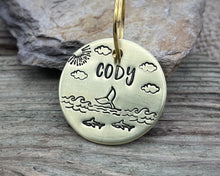 Load image into Gallery viewer, Dog id tag, hand stamped with ocean design, whale & sharks