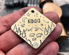 Load image into Gallery viewer, square brass dog id tag with bear family
