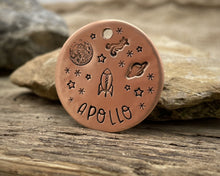Load image into Gallery viewer, Dog name tag, hand stamped with moon, stars, planets & spaceship