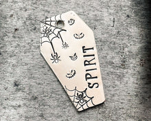 Load image into Gallery viewer, Coffin dog id tag with spooky spiderweb design, double-sided pet id tag with 2 phone numbers