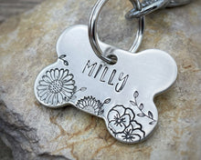 Load image into Gallery viewer, Bone dog id tag, handstamped with flowers