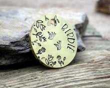 Load image into Gallery viewer, Small dog id tag, hand stamped with flower design & birds