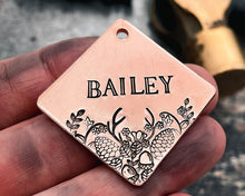 Load image into Gallery viewer, hand-stamped dog tag with hunting design