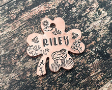 Load image into Gallery viewer, Shamrock pet name tag with sheep, hand-stamped double-sided dog tag with 2 phone numbers