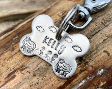 Load image into Gallery viewer, Bone dog id tag, handstamped with flowers and sheep
