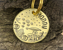Load image into Gallery viewer, Hand stamped dog id tag with mushrooms and spooky pumpkins
