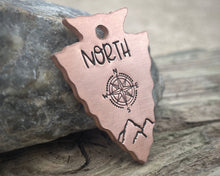 Load image into Gallery viewer, Arrow head dog tag with compass & mountains