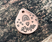 Load image into Gallery viewer, Cute small dog tag, tear drop pet id tag with heart and rainbow design, double-sided dog tag with 2 phone numbers