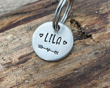 Load image into Gallery viewer, Cat name tag, hand stamped with hearts