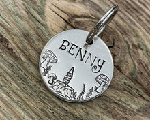 Load image into Gallery viewer, Cute dog id tag with mushrooms and cute gnome on a tree stump