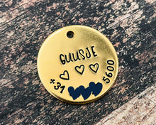 Load image into Gallery viewer, brass pet id tag with phone number and address