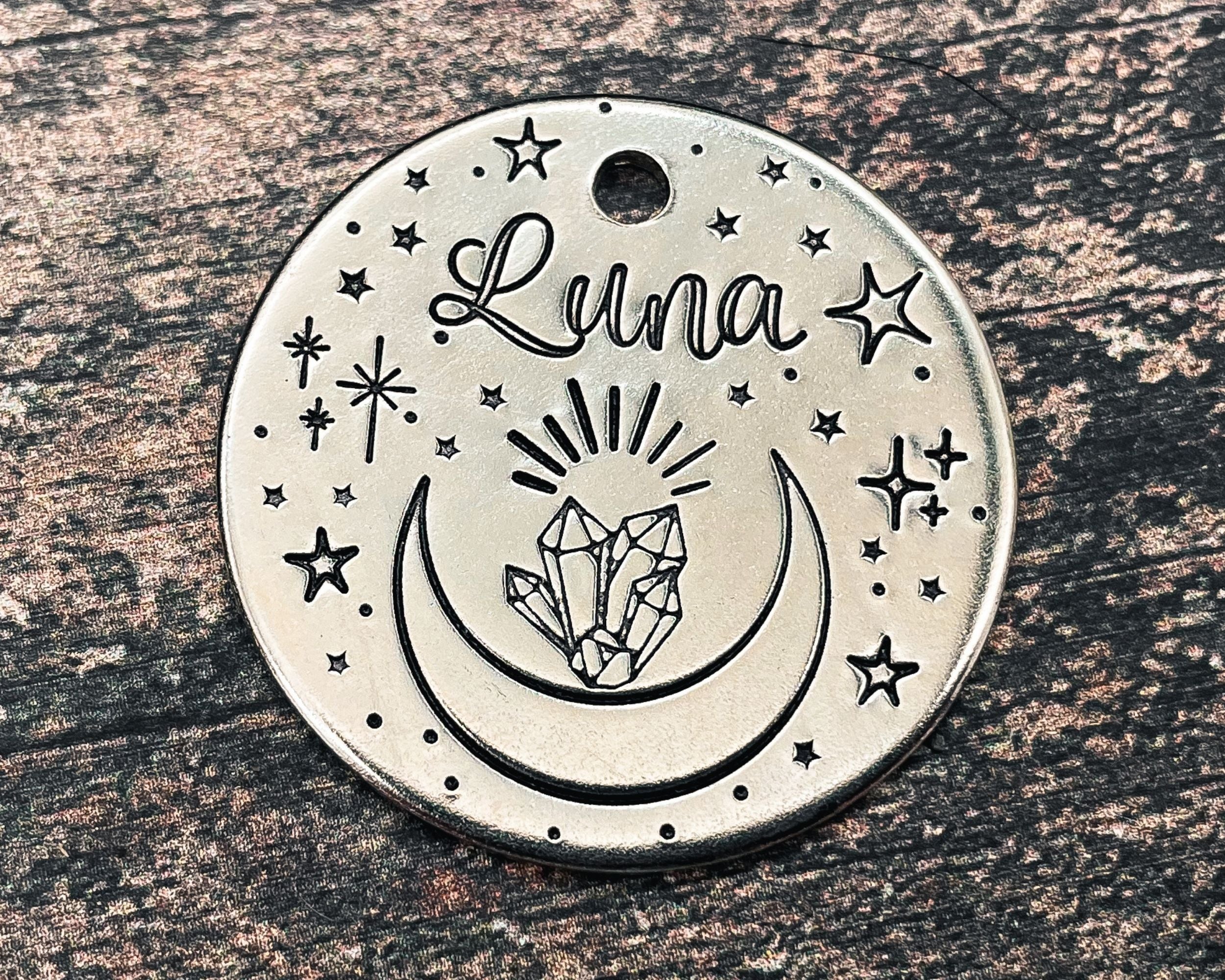 Moon dog tag hand stamped pet id tag with crystal and star design