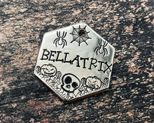 Load image into Gallery viewer, Halloween hexagon dog tag, hand stamped small pet id tag with skull and cobweb design