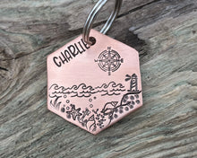 Load image into Gallery viewer, Hexagon dog tag, hand stamped with nautical design, compass & lighthouse