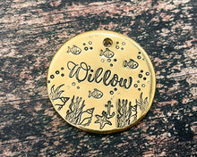 Load image into Gallery viewer, metal dog id tag with fish and nautical design