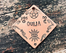 Load image into Gallery viewer, Ouija spooky dog tag, hand stamped square dog id tag with ouija design, 2 phone numbers or address on the back