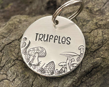 Load image into Gallery viewer, Fall dog tag, hand stamped with mushrooms, leaves and pine cone