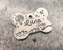 Load image into Gallery viewer, Bone dog id tag with moon and stars, handstamped pet id tag with up to 2 phone numbers or microchipped
