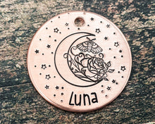 Load image into Gallery viewer, moon dog tag with flower and moth design