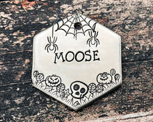 Load image into Gallery viewer, Hexagon dog tag, hand stamped with spooky Halloween design