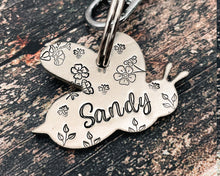 Load image into Gallery viewer, Bee dog id tag, bee shaped pet tag double-sided with phone number, hand stamped with flowers and bees