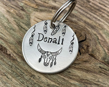 Load image into Gallery viewer, Boho dog tag, hand stamped with longhorn and feathers
