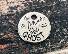 Load image into Gallery viewer, Personalized Halloween cat name tag, hand stamped cat tag with spooky ghost design, 1 phone number