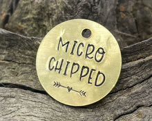Load image into Gallery viewer, Microchipped dog tag, hand stamped with crown and phone number