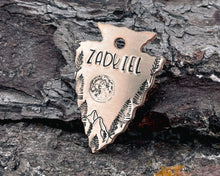 Load image into Gallery viewer, Arrow head dog tag with mountains, moon & trees