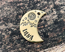 Load image into Gallery viewer, Moon dog tag, hand-stamped with mountains, moon & stars