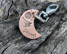 Load image into Gallery viewer, Moon dog tag, hand-stamped with howling wolf & moon