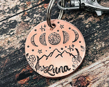 Load image into Gallery viewer, Moon dog tag, hand stamped metal dog id with moon phase and mountain design