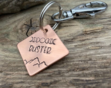 Load image into Gallery viewer, Small dog id tag, square pet tag hand stamped with moon phase design and mountains