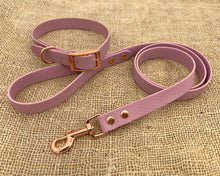 Load image into Gallery viewer, Deluxe mud-proof dog collar and leash set with rose gold fittings - choose your size & color