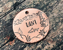 Load image into Gallery viewer, Dog tag, ocean design with shark & lighthouse